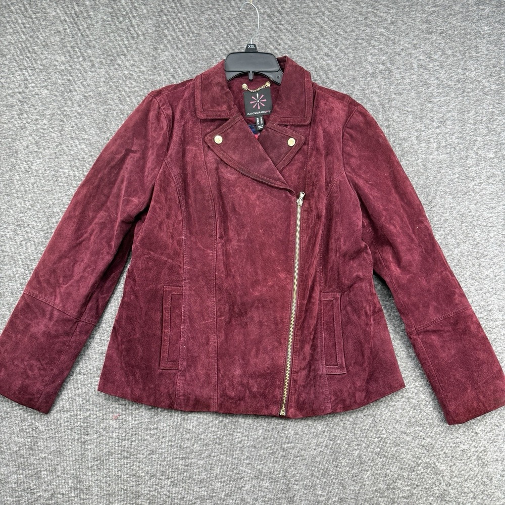 Isaac Mizrahi Live Suede Moto Jacket Womens 14 Burgundy Asymmetric Zipper Peplum